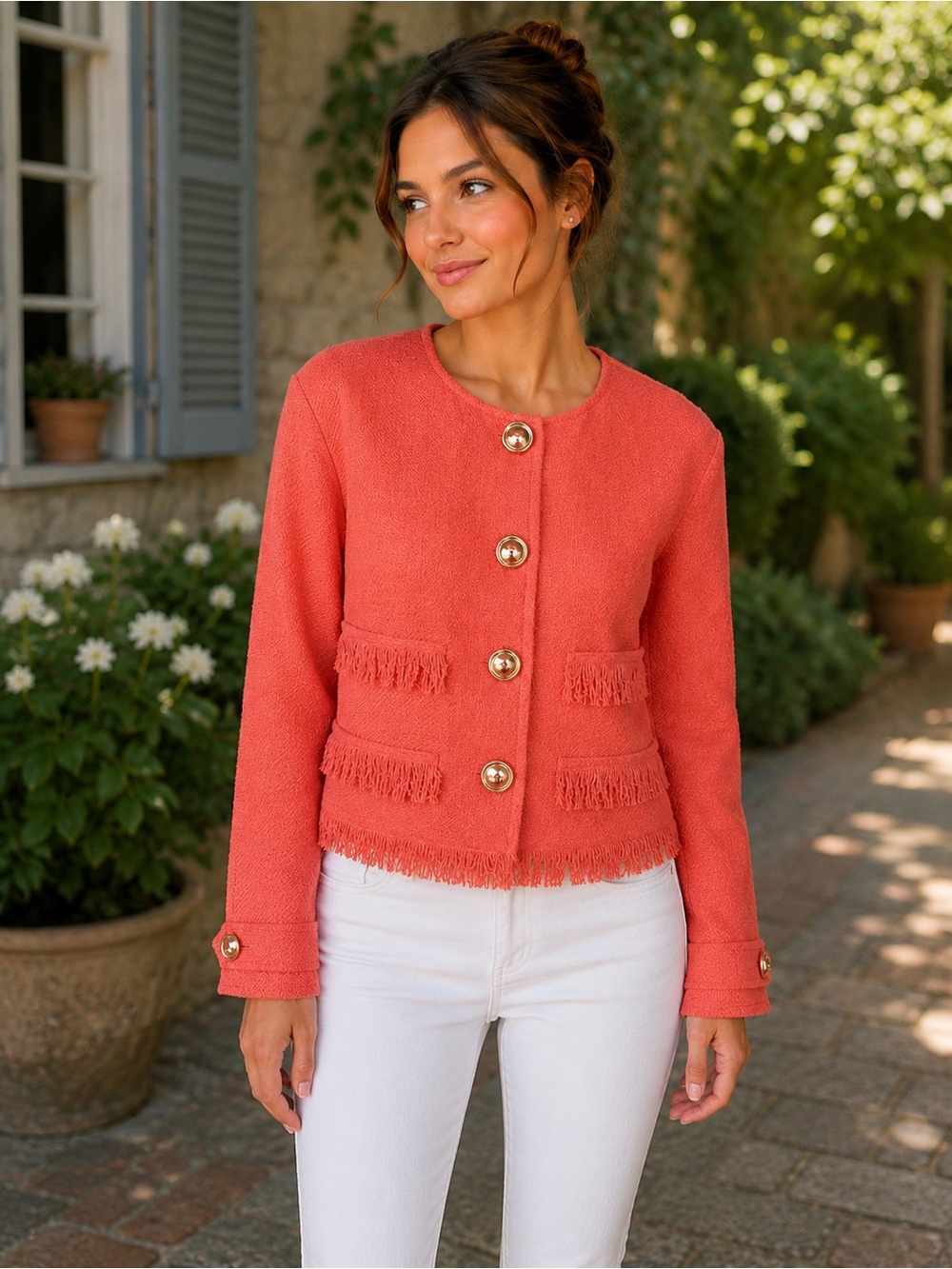 Carlisle Coral Fringe-Trim Button Jacket